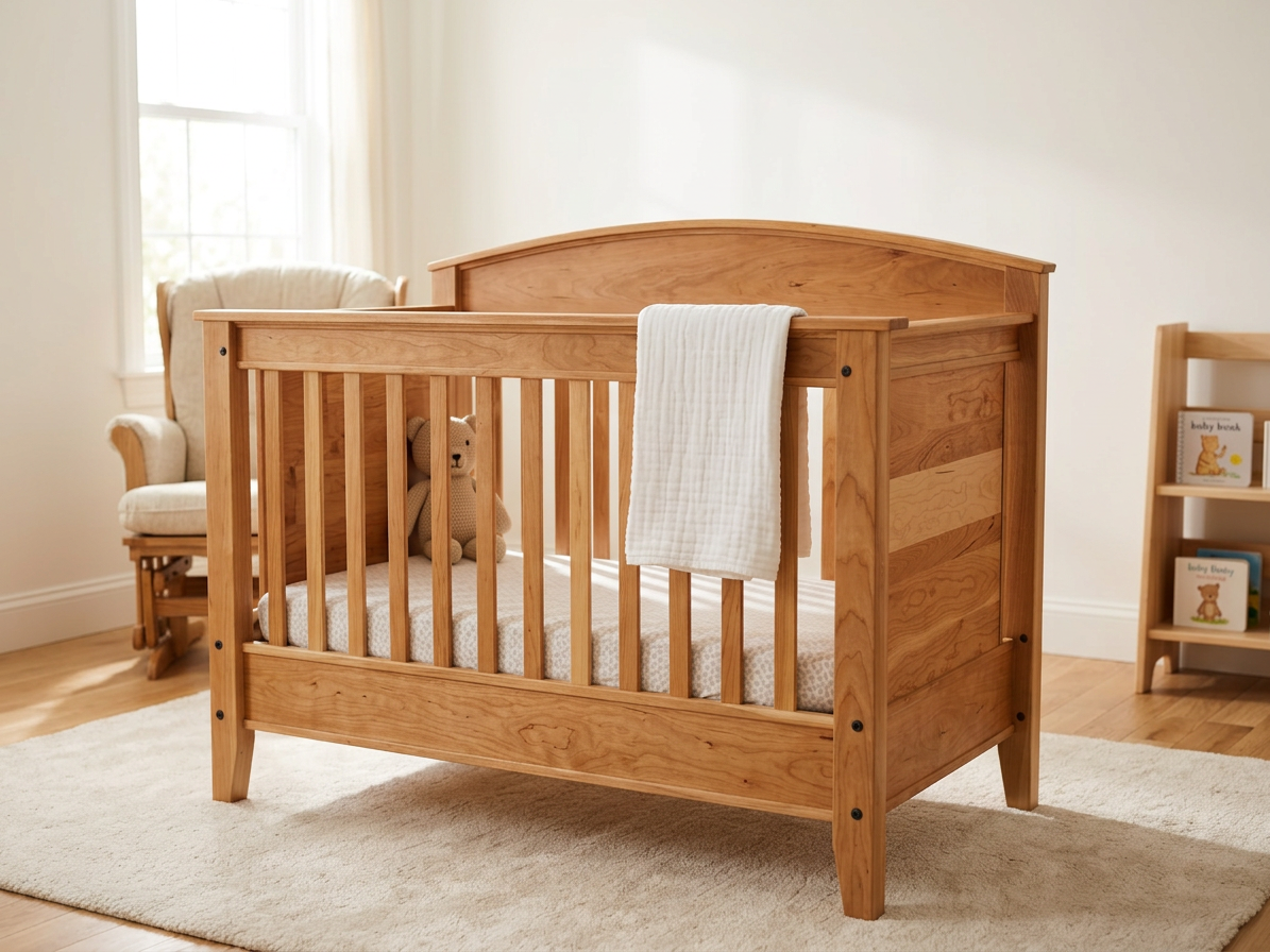 Handcrafted solid cherry baby crib with arched headboard in a nursery setting