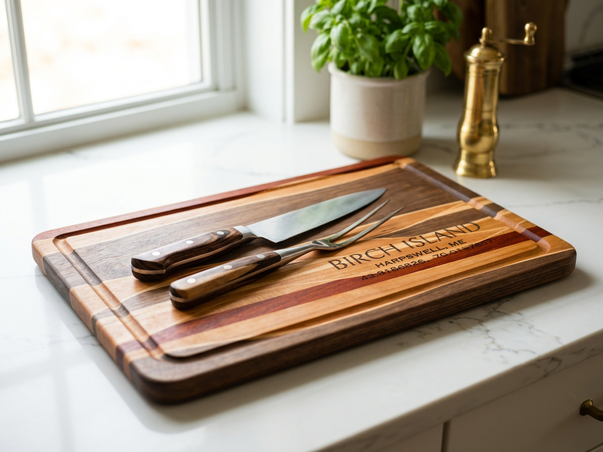 Handcrafted hardwood cutting board with walnut, maple, and padauk