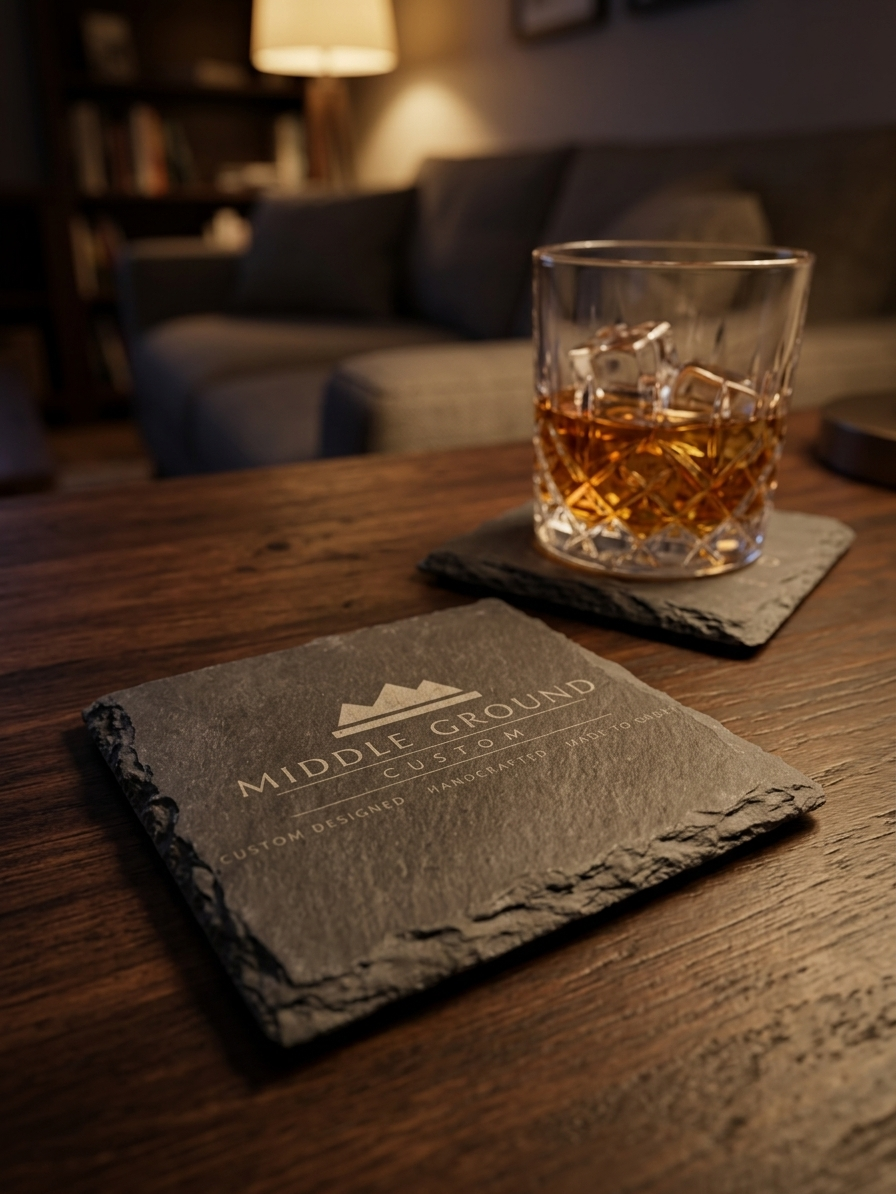 Custom laser-engraved Middle Ground Custom logo on a natural slate coaster with whiskey glass